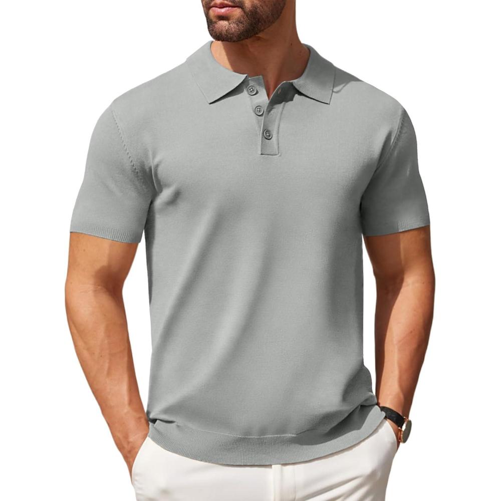 imageCOOFANDY Mens Knit Polo Shirts Casual Short Sleeve Button Down Polo Shirt Classic Golf ShirtsGrey