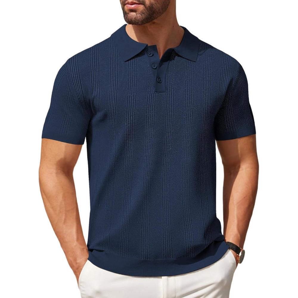 imageCOOFANDY Mens Knit Polo Shirts Casual Short Sleeve Button Down Polo Shirt Classic Golf ShirtsHnavy Blue Ribbing