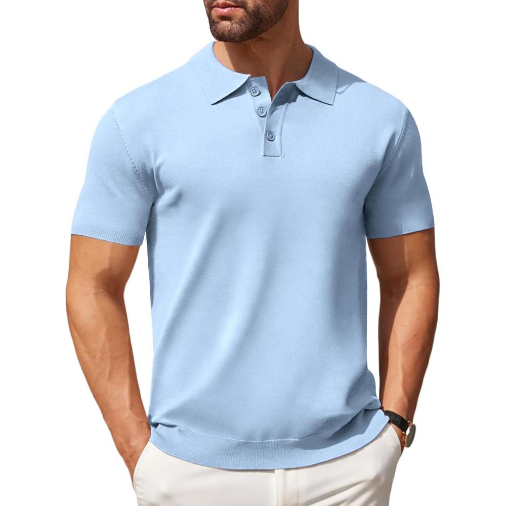 imageCOOFANDY Mens Knit Polo Shirts Casual Short Sleeve Button Down Polo Shirt Classic Golf ShirtsLight Blue