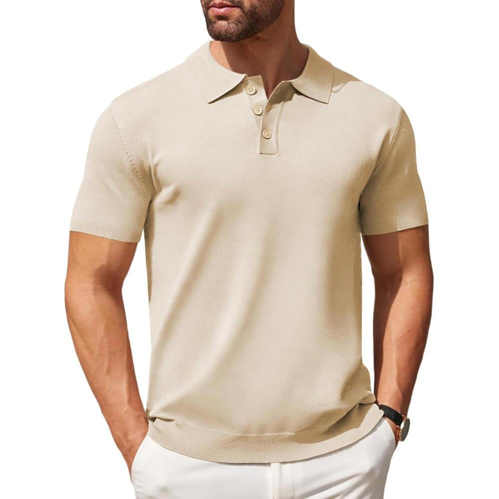 imageCOOFANDY Mens Knit Polo Shirts Casual Short Sleeve Button Down Polo Shirt Classic Golf ShirtsLight Khaki