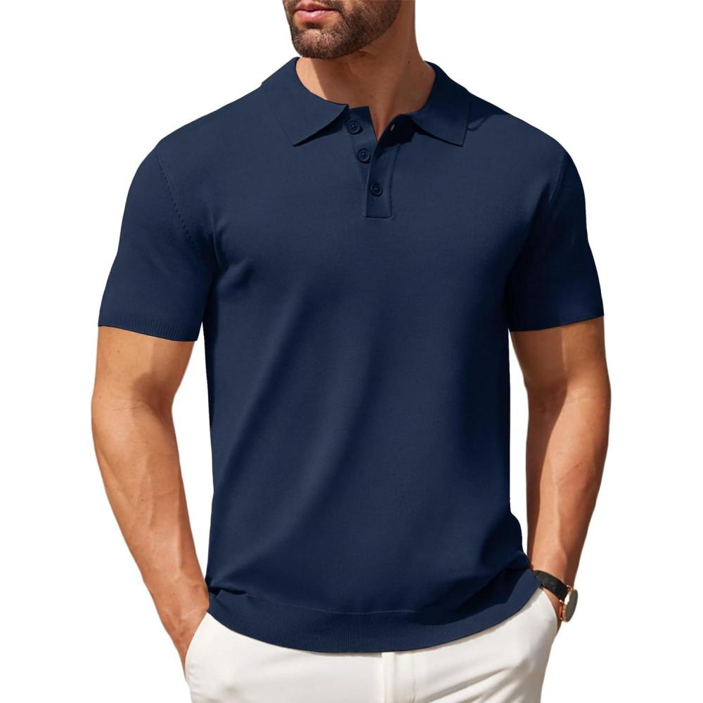 imageCOOFANDY Mens Knit Polo Shirts Casual Short Sleeve Button Down Polo Shirt Classic Golf ShirtsNavy Blue