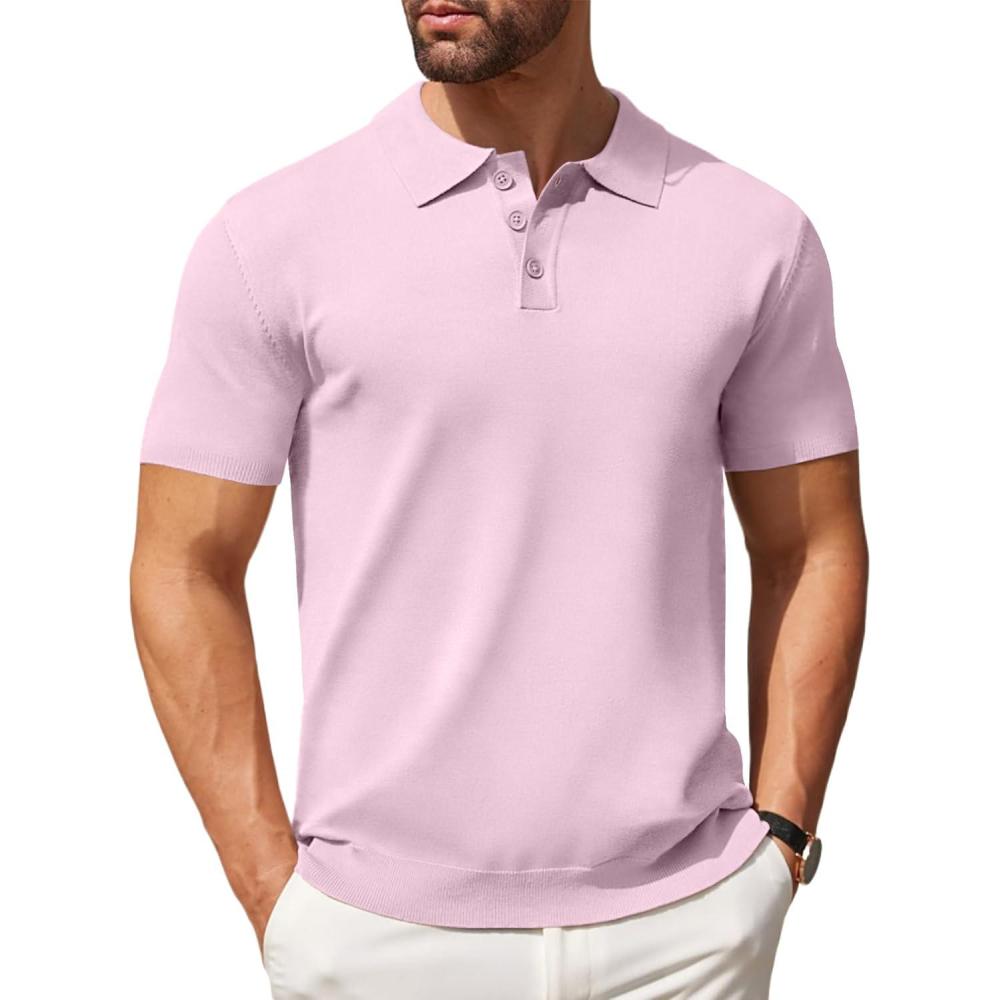 imageCOOFANDY Mens Knit Polo Shirts Casual Short Sleeve Button Down Polo Shirt Classic Golf ShirtsPink