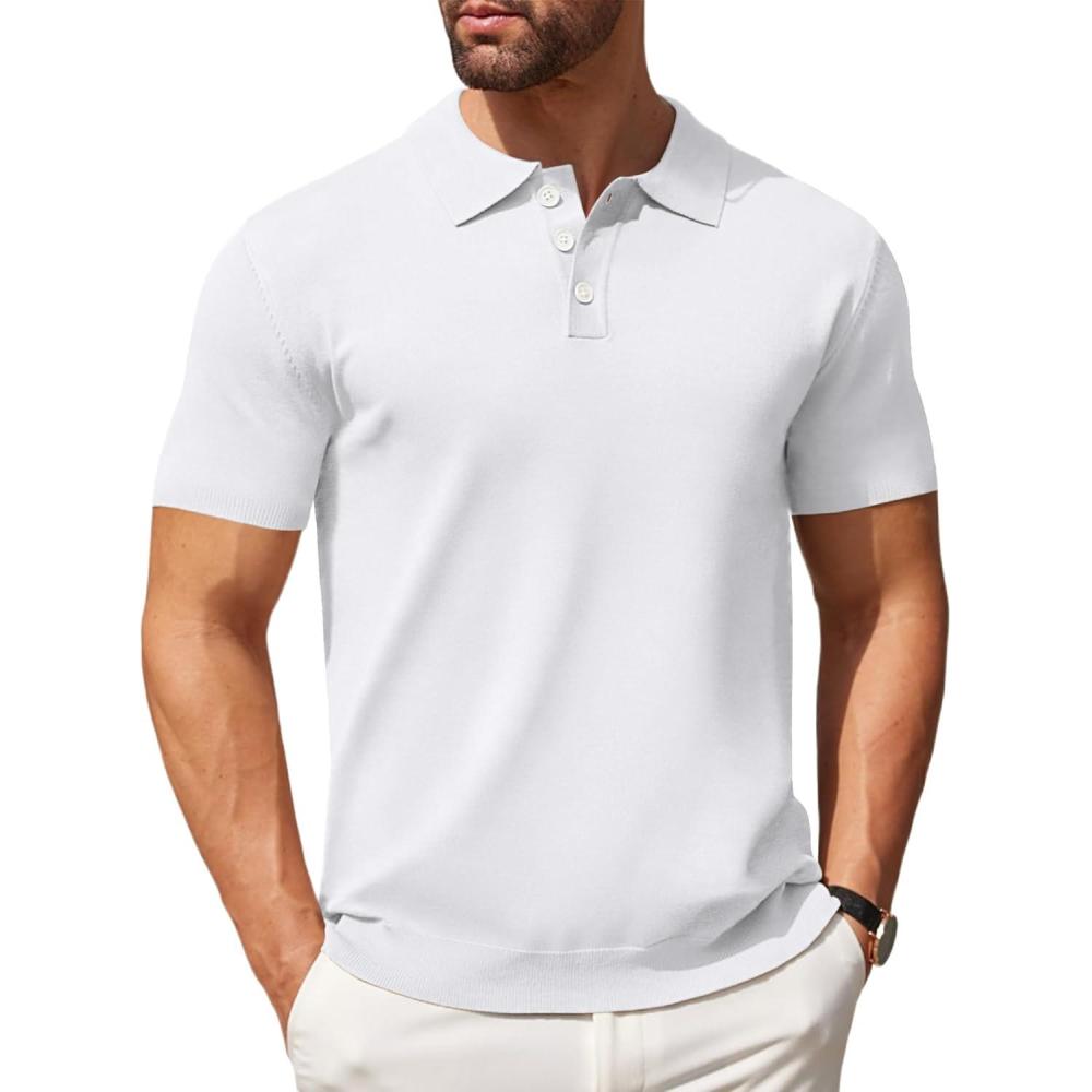 imageCOOFANDY Mens Knit Polo Shirts Casual Short Sleeve Button Down Polo Shirt Classic Golf ShirtsWhite