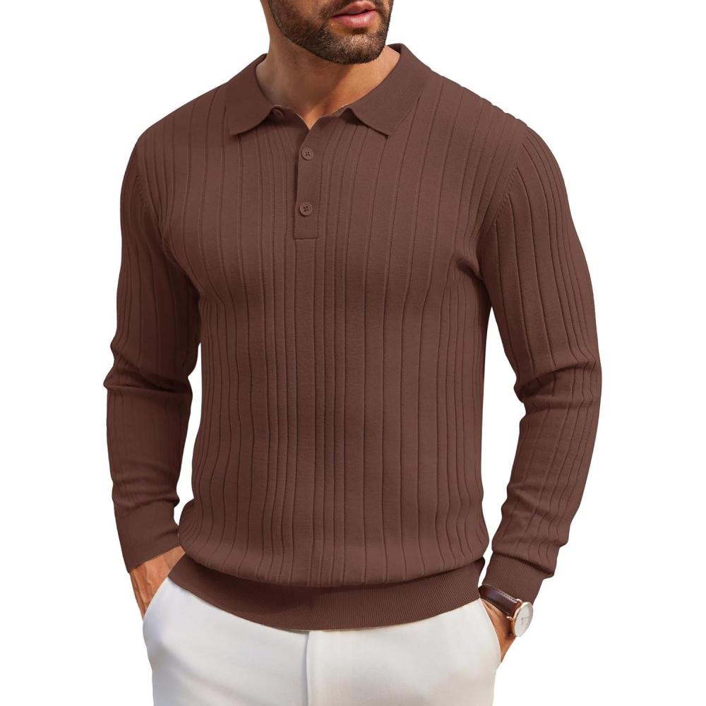 imageCOOFANDY Mens Knit Polo Shirts Long Sleeve Casual Button Down Ribbed Polo Shirt Fashion Golf ShirtsBrown