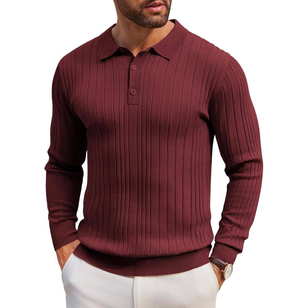 imageCOOFANDY Mens Knit Polo Shirts Long Sleeve Casual Button Down Ribbed Polo Shirt Fashion Golf ShirtsWine Red