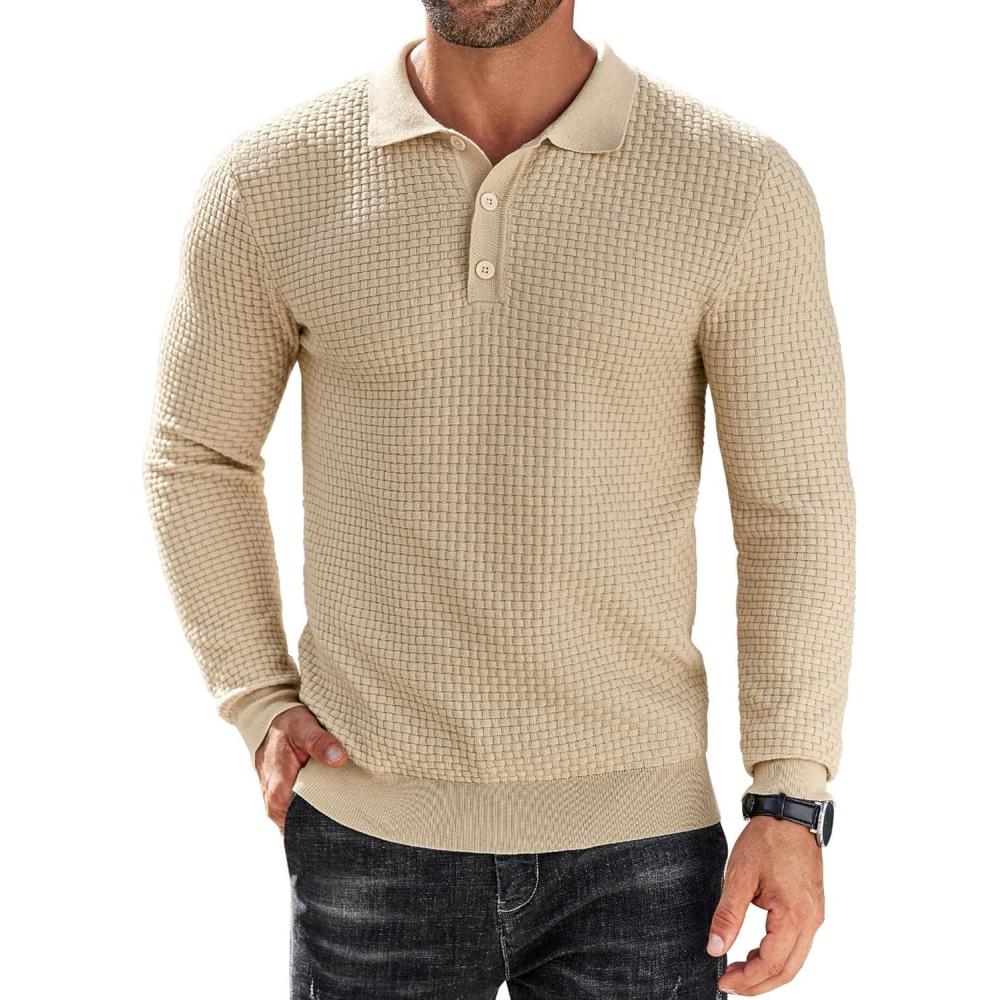 imageCOOFANDY Mens Knit Polo Shirts Long Sleeve Sweater Polo Lightweight Fashion Casual Collared T ShirtsApricot