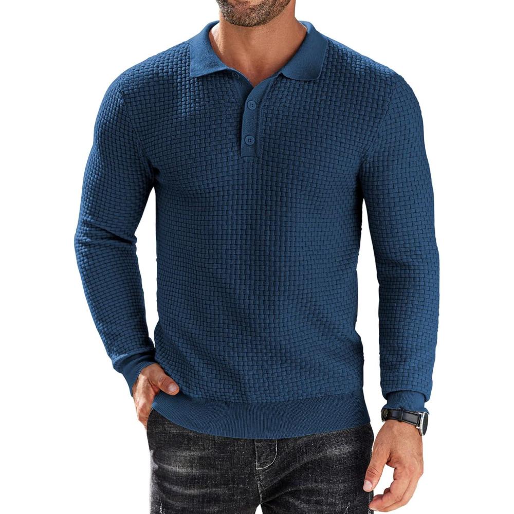 imageCOOFANDY Mens Knit Polo Shirts Long Sleeve Sweater Polo Lightweight Fashion Casual Collared T ShirtsDark Blue