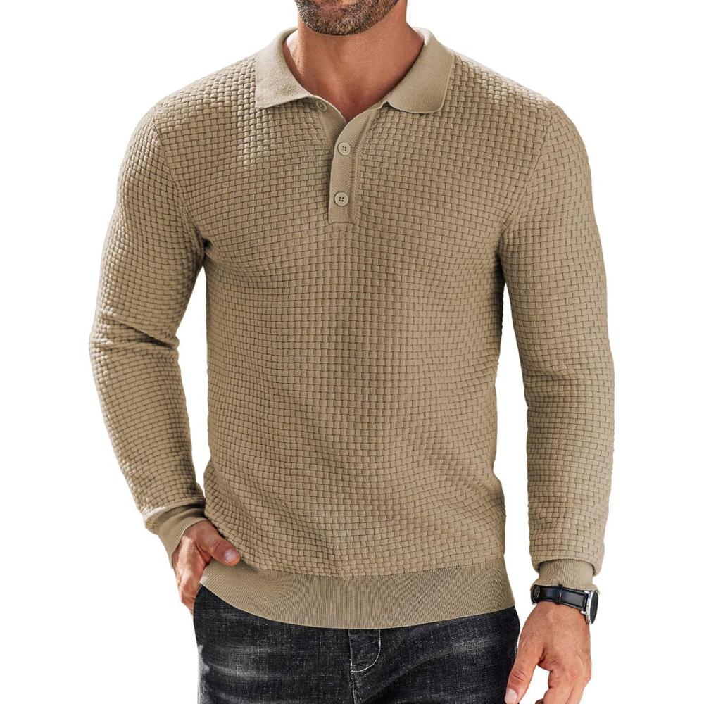 imageCOOFANDY Mens Knit Polo Shirts Long Sleeve Sweater Polo Lightweight Fashion Casual Collared T ShirtsKhaki