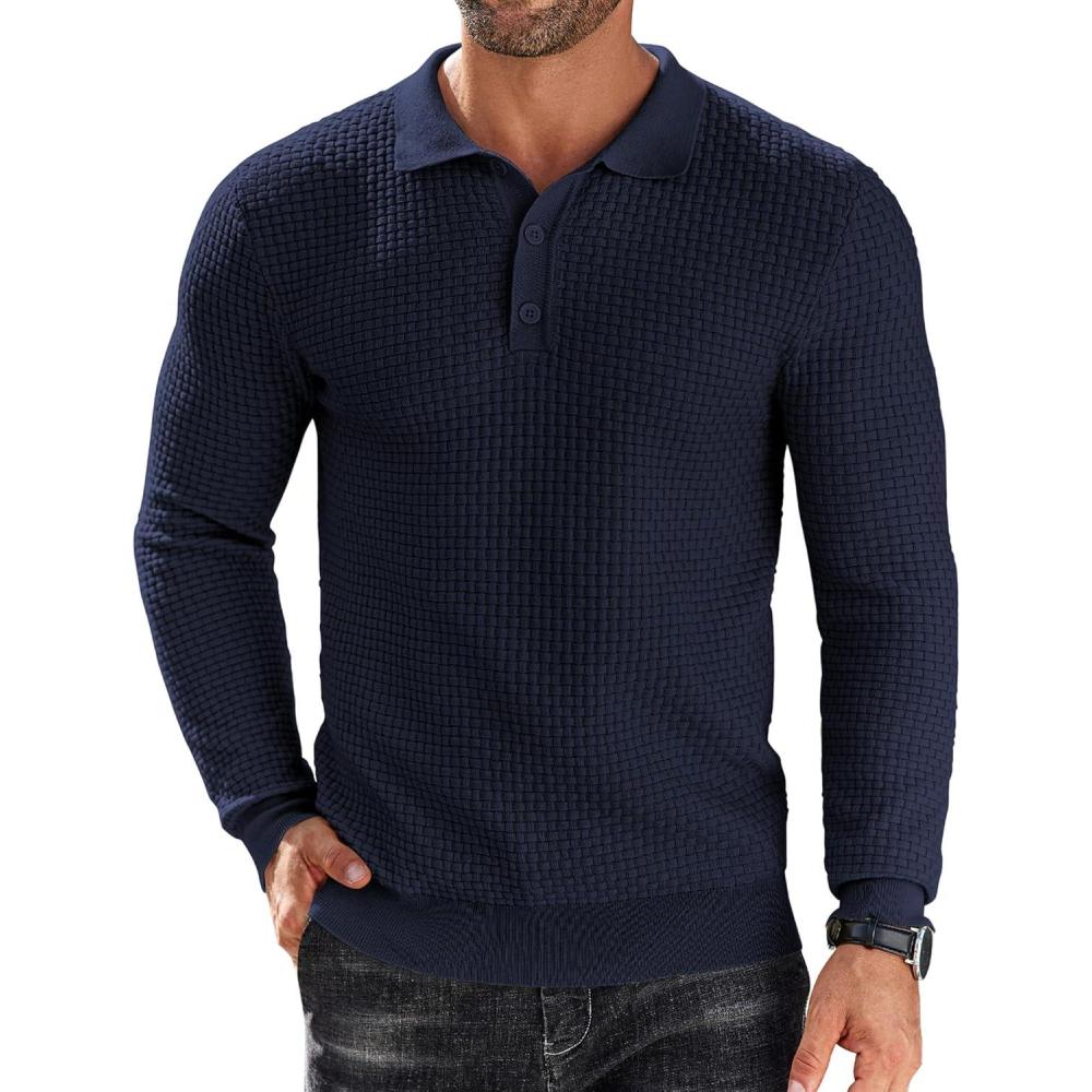imageCOOFANDY Mens Knit Polo Shirts Long Sleeve Sweater Polo Lightweight Fashion Casual Collared T ShirtsNavy Blue