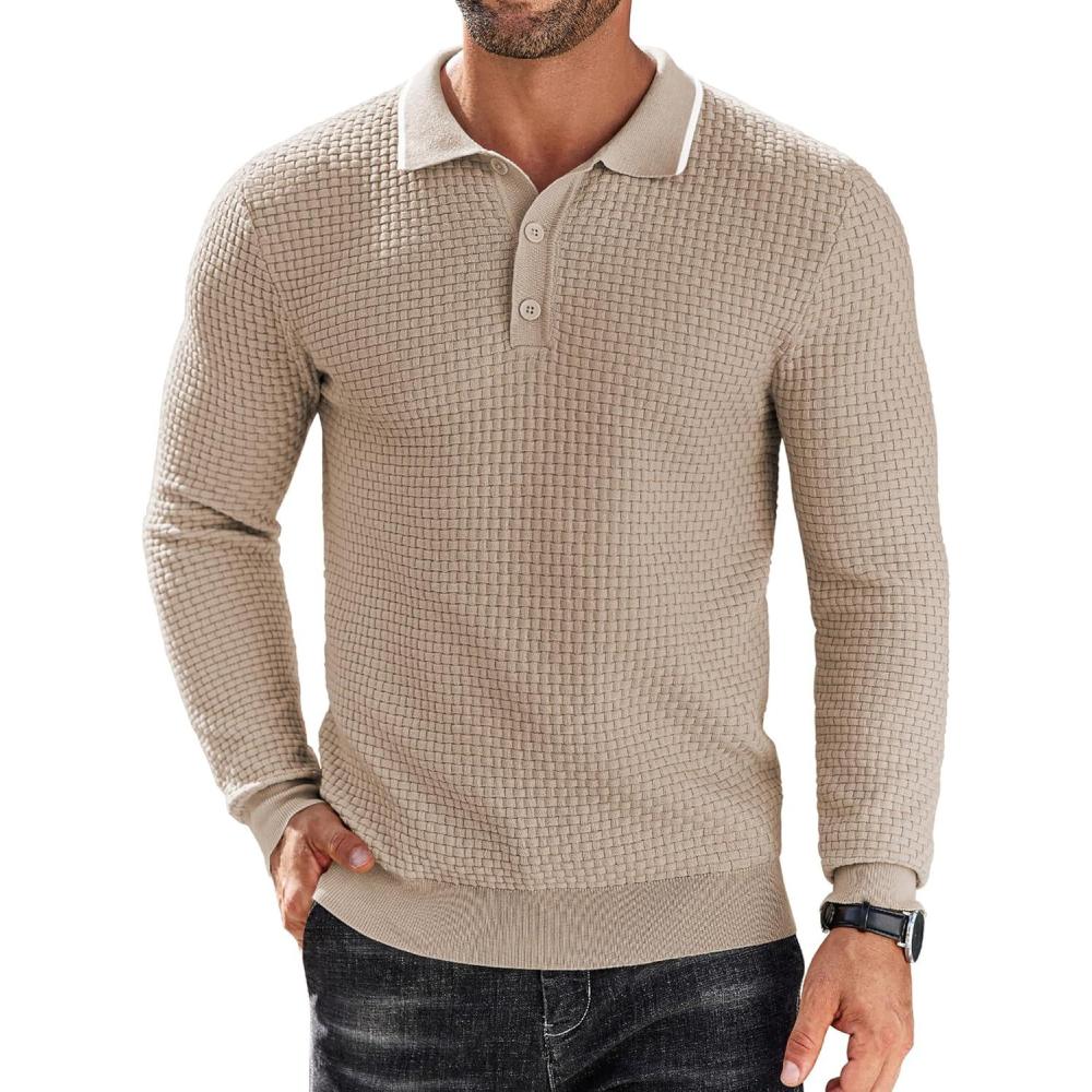 imageCOOFANDY Mens Knit Polo Shirts Long Sleeve Sweater Polo Lightweight Fashion Casual Collared T ShirtsStripedlight Khaki