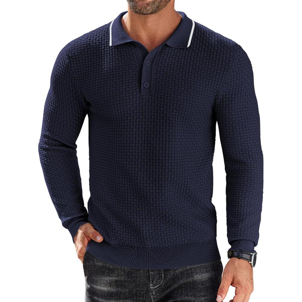 imageCOOFANDY Mens Knit Polo Shirts Long Sleeve Sweater Polo Lightweight Fashion Casual Collared T ShirtsStripednavy Blue