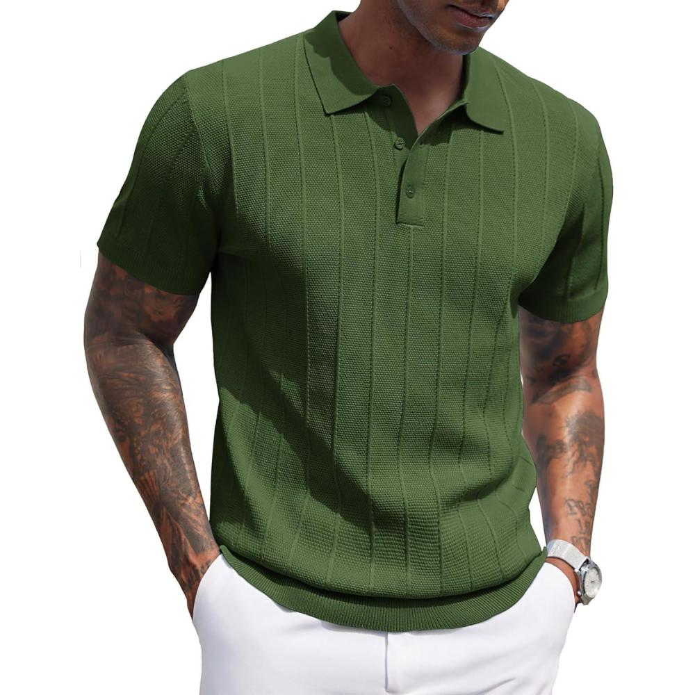 imageCOOFANDY Mens Knit Polo Shirts Short Sleeve Ribbed Textured Polo Shirt Lightweight Casual Golf Shirts Collared T ShirtArmy Green