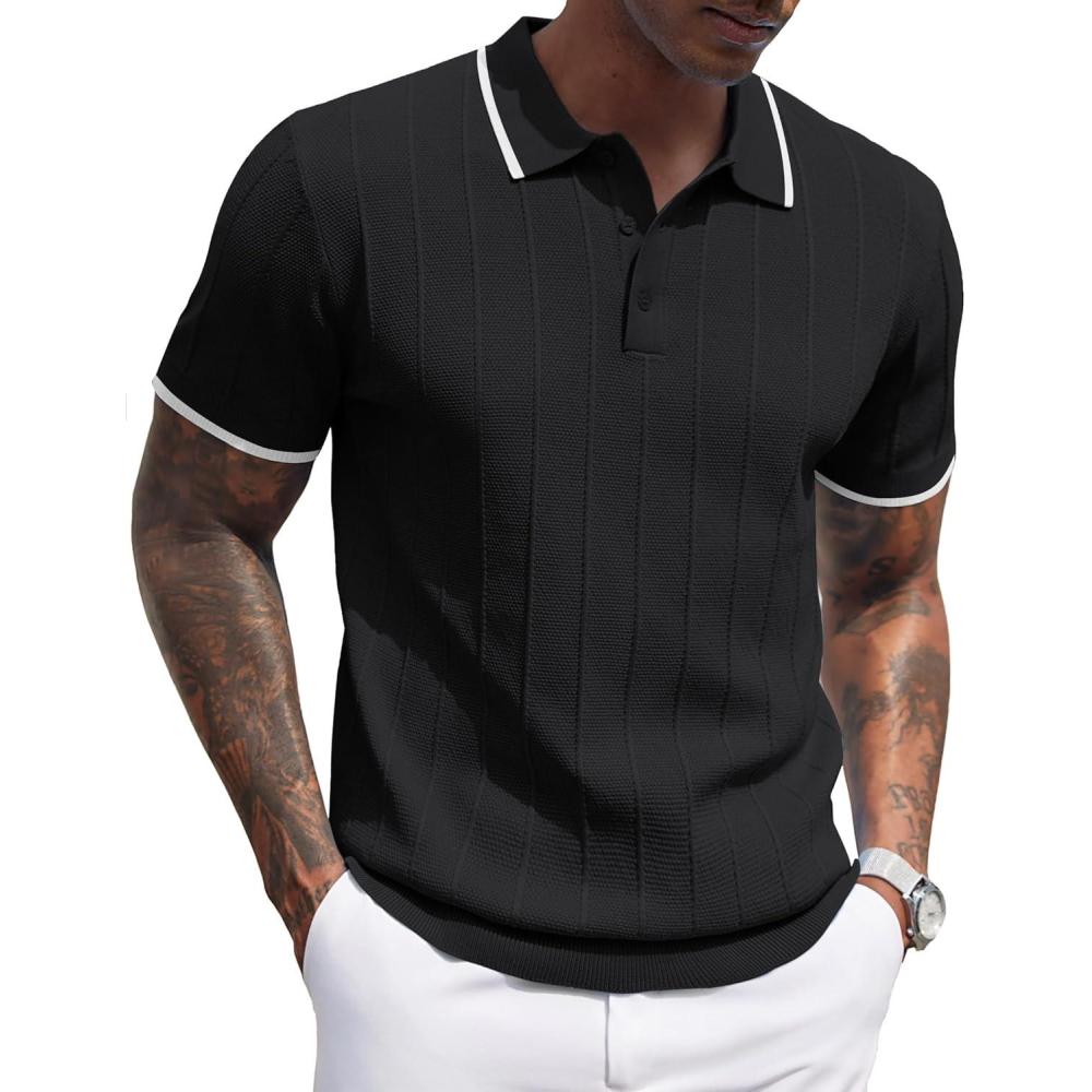 imageCOOFANDY Mens Knit Polo Shirts Short Sleeve Ribbed Textured Polo Shirt Lightweight Casual Golf Shirts Collared T ShirtBlack White Striped