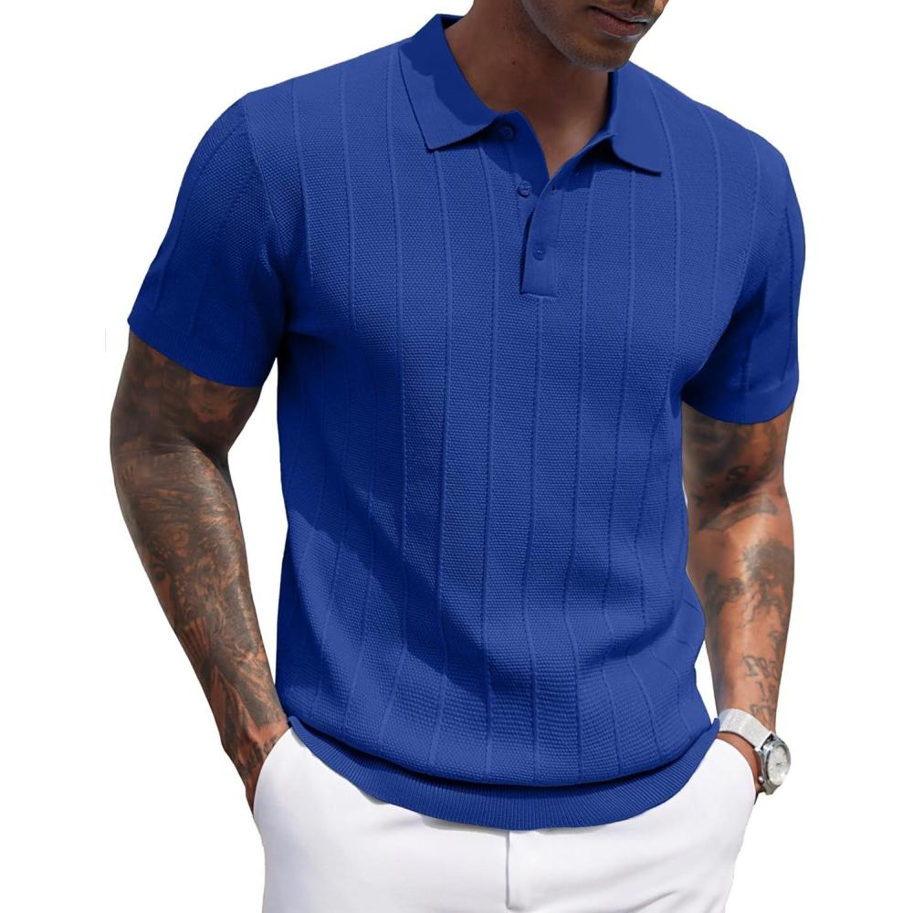 imageCOOFANDY Mens Knit Polo Shirts Short Sleeve Ribbed Textured Polo Shirt Lightweight Casual Golf Shirts Collared T ShirtBlue