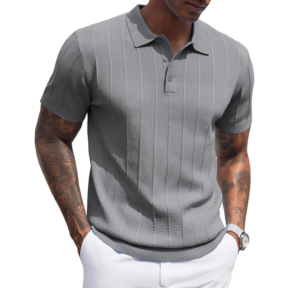 imageCOOFANDY Mens Knit Polo Shirts Short Sleeve Ribbed Textured Polo Shirt Lightweight Casual Golf Shirts Collared T ShirtDark Gray