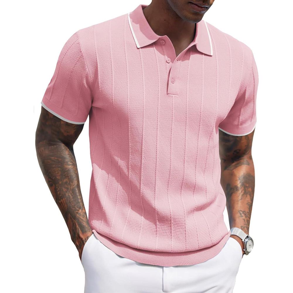 imageCOOFANDY Mens Knit Polo Shirts Short Sleeve Ribbed Textured Polo Shirt Lightweight Casual Golf Shirts Collared T ShirtDark Pink White Striped