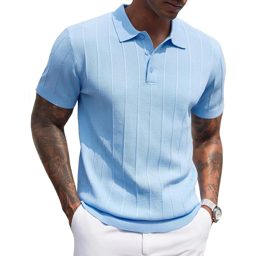 imageCOOFANDY Mens Knit Polo Shirts Short Sleeve Ribbed Textured Polo Shirt Lightweight Casual Golf Shirts Collared T ShirtLight Blue