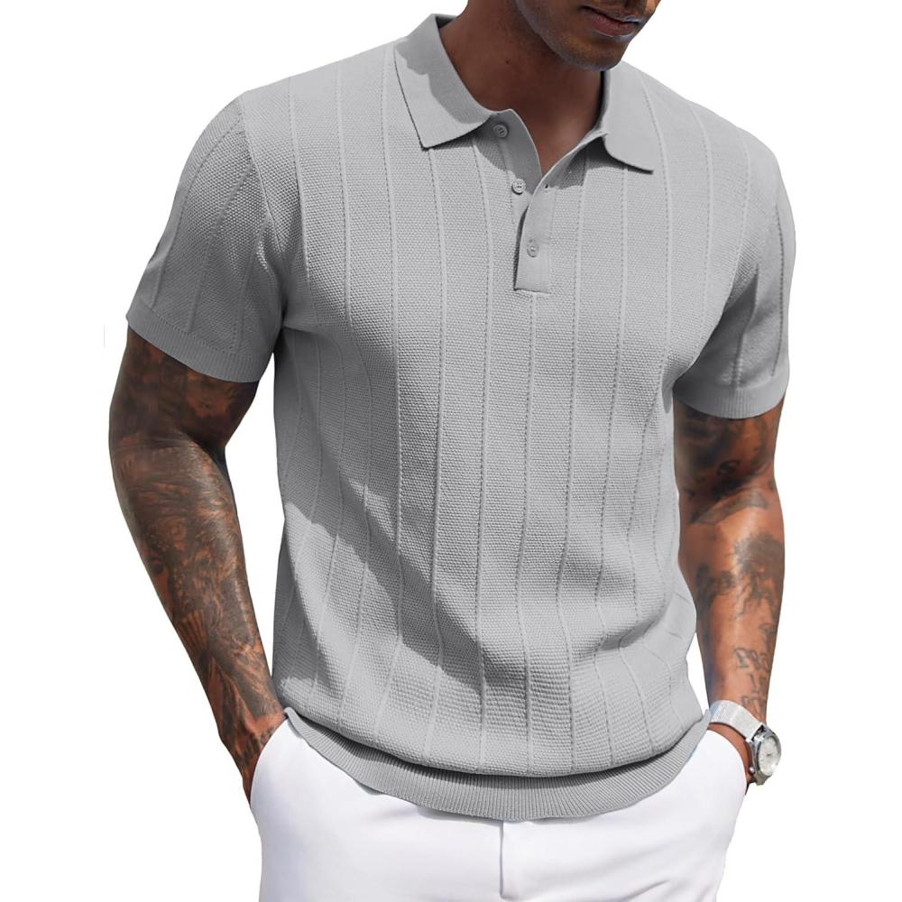 imageCOOFANDY Mens Knit Polo Shirts Short Sleeve Ribbed Textured Polo Shirt Lightweight Casual Golf Shirts Collared T ShirtLight Gray