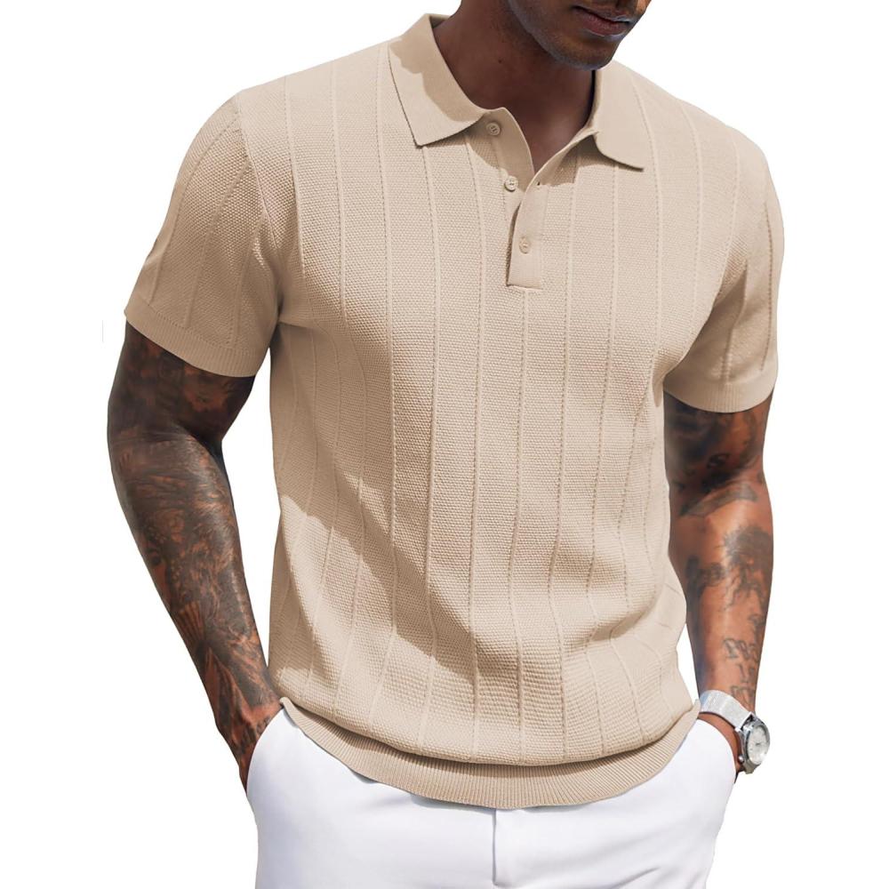 imageCOOFANDY Mens Knit Polo Shirts Short Sleeve Ribbed Textured Polo Shirt Lightweight Casual Golf Shirts Collared T ShirtLight Khaki