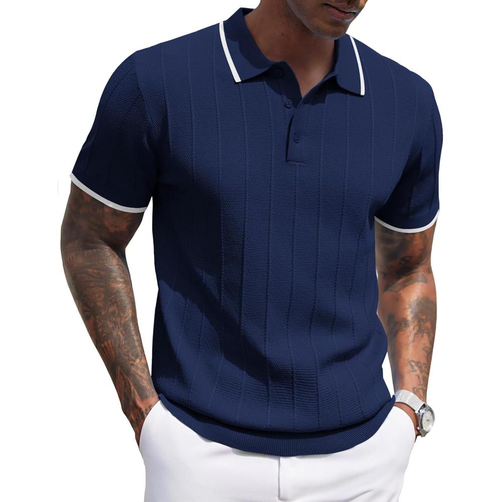 imageCOOFANDY Mens Knit Polo Shirts Short Sleeve Ribbed Textured Polo Shirt Lightweight Casual Golf Shirts Collared T ShirtNavy Blue White Striped