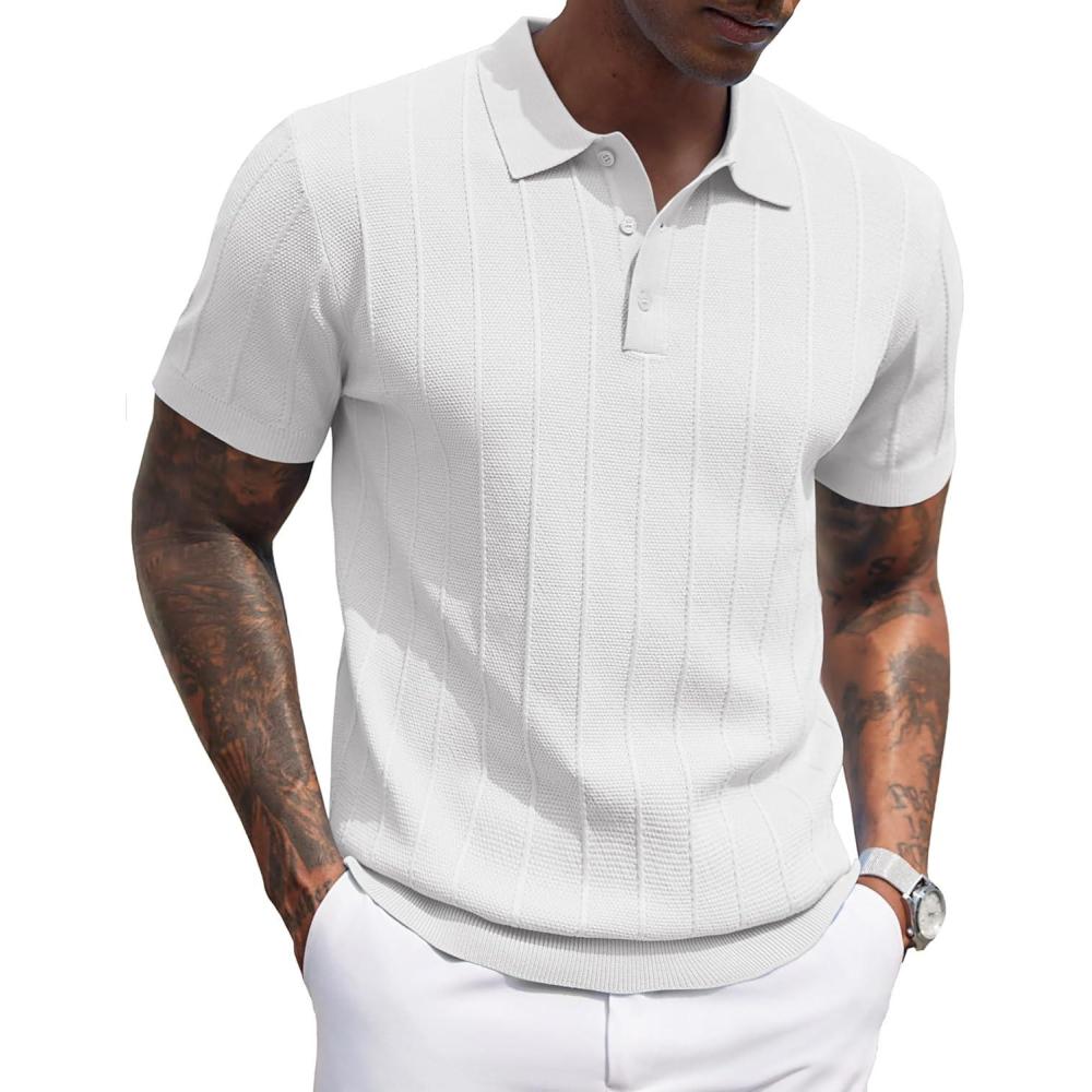 imageCOOFANDY Mens Knit Polo Shirts Short Sleeve Ribbed Textured Polo Shirt Lightweight Casual Golf Shirts Collared T ShirtWhite