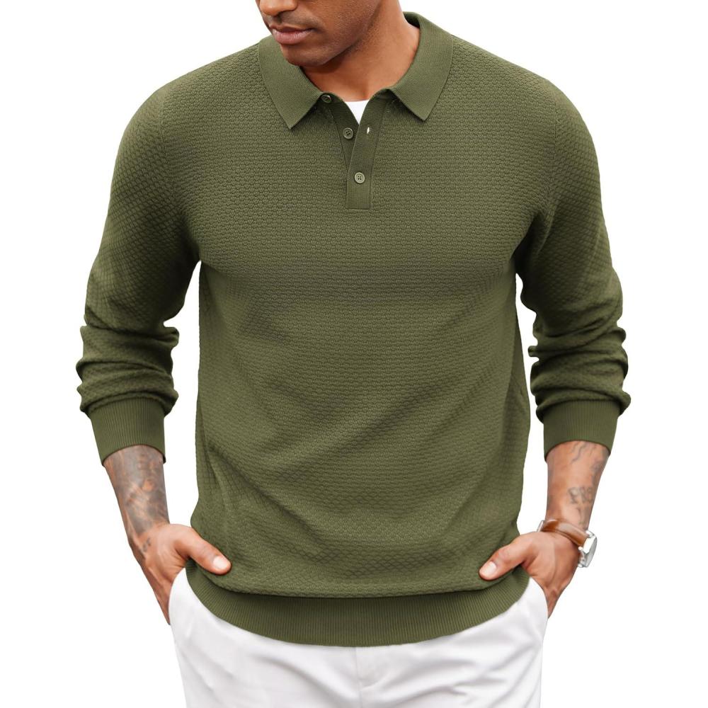 imageCOOFANDY Mens Knit Polo Sweater Long Sleeve Casual Collared Quarter Button Golf Waffle Textured SweaterArmygreen
