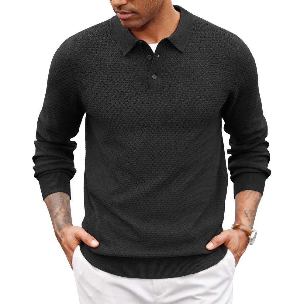 imageCOOFANDY Mens Knit Polo Sweater Long Sleeve Casual Collared Quarter Button Golf Waffle Textured SweaterBlack