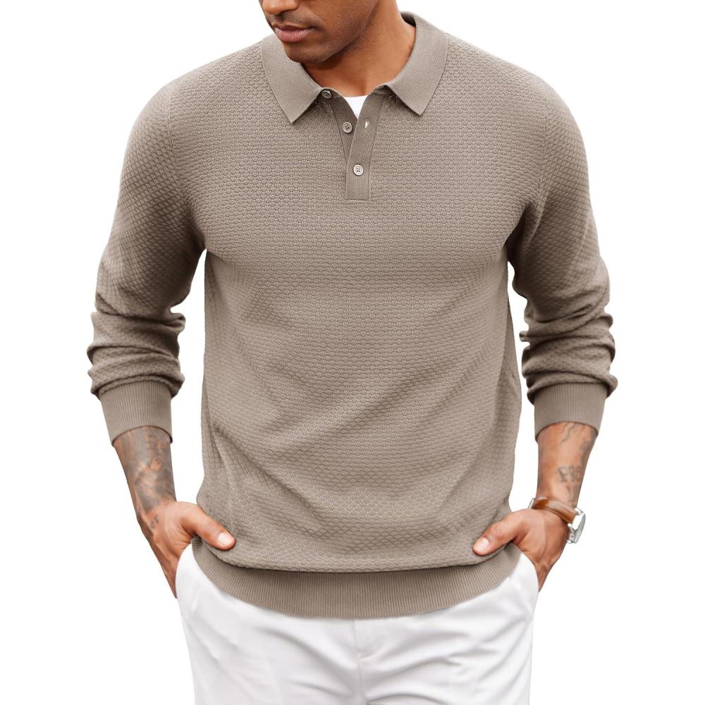 imageCOOFANDY Mens Knit Polo Sweater Long Sleeve Casual Collared Quarter Button Golf Waffle Textured SweaterBrown and Grey