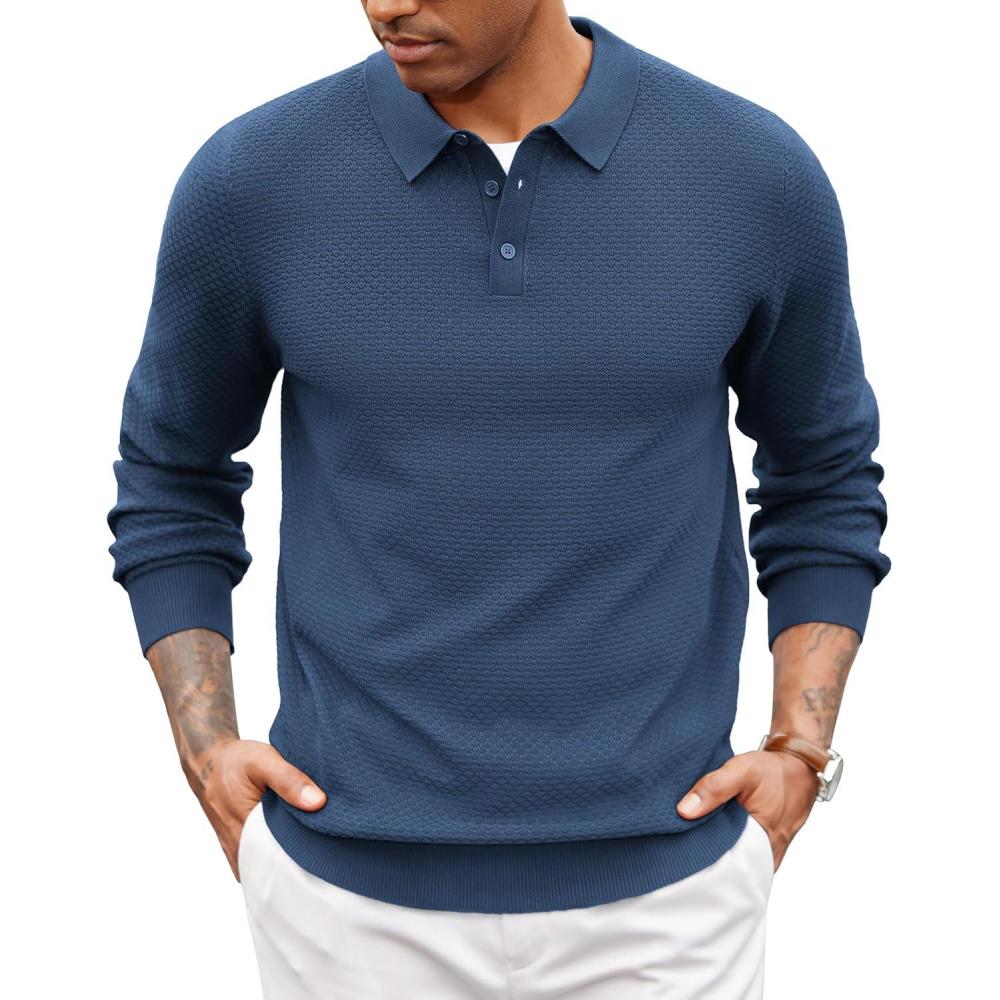 imageCOOFANDY Mens Knit Polo Sweater Long Sleeve Casual Collared Quarter Button Golf Waffle Textured SweaterDark Blue