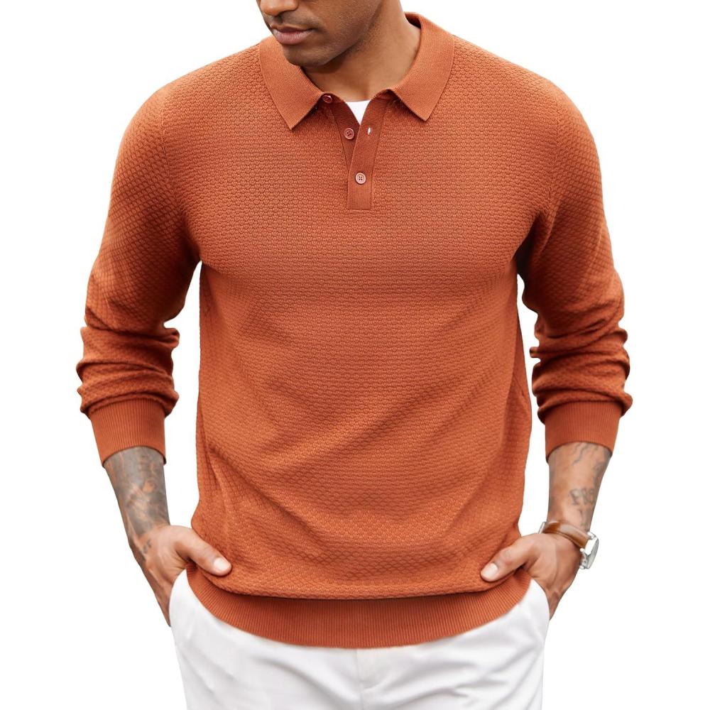 imageCOOFANDY Mens Knit Polo Sweater Long Sleeve Casual Collared Quarter Button Golf Waffle Textured SweaterDark Brown