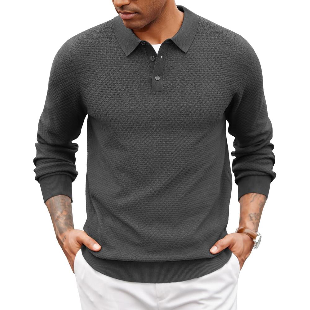 imageCOOFANDY Mens Knit Polo Sweater Long Sleeve Casual Collared Quarter Button Golf Waffle Textured SweaterDark Gray