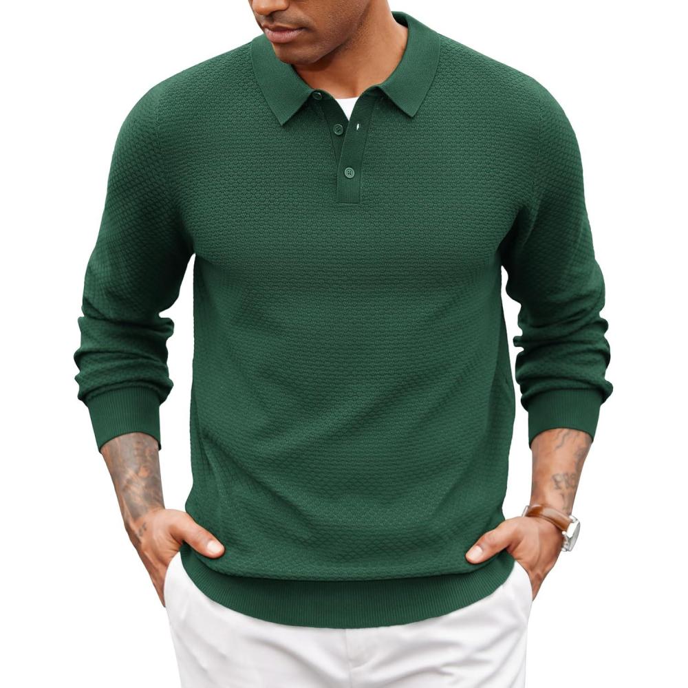 imageCOOFANDY Mens Knit Polo Sweater Long Sleeve Casual Collared Quarter Button Golf Waffle Textured SweaterDark Green