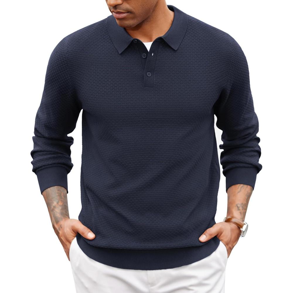imageCOOFANDY Mens Knit Polo Sweater Long Sleeve Casual Collared Quarter Button Golf Waffle Textured SweaterDark Navy Blue1