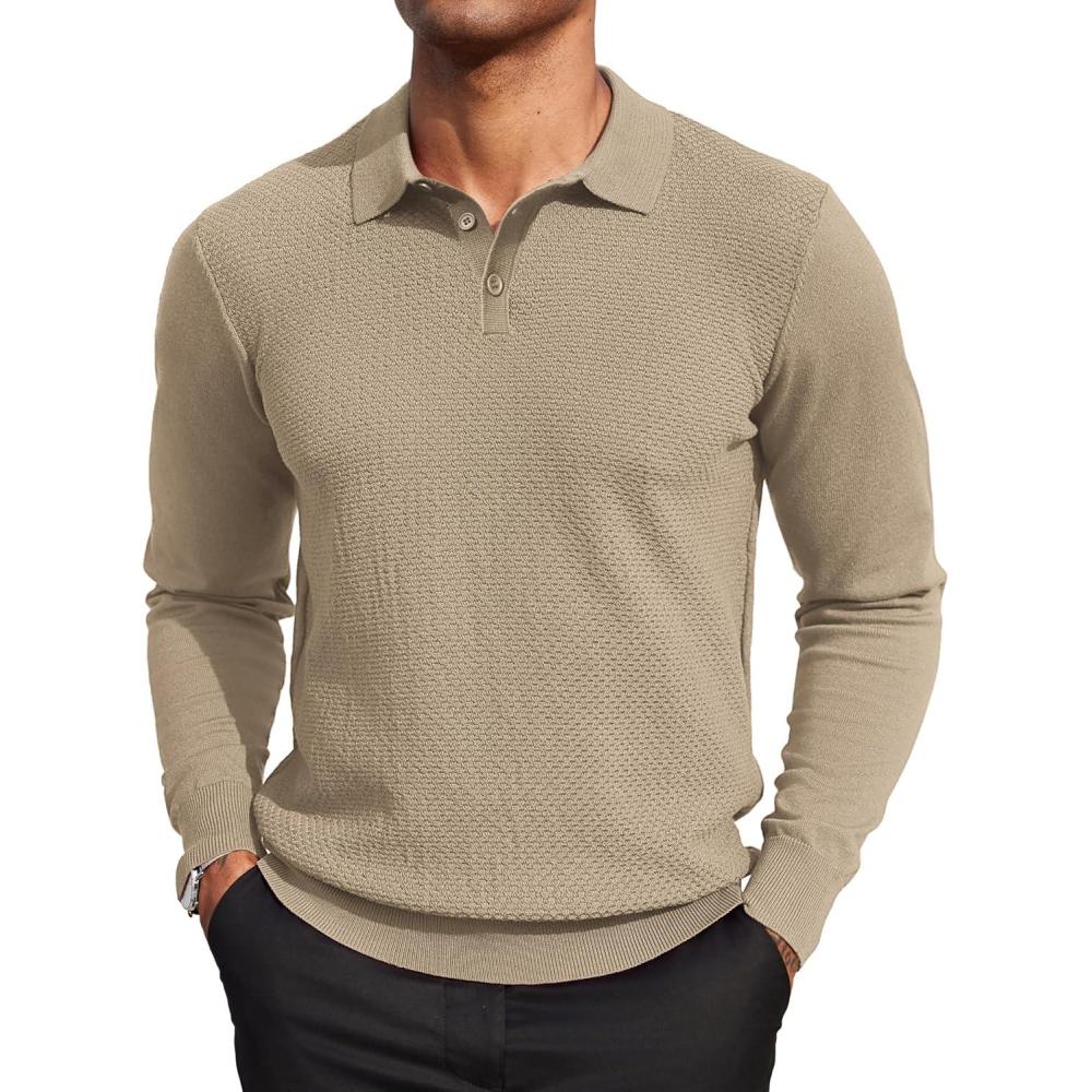imageCOOFANDY Mens Knit Polo Sweater Long Sleeve Casual Collared Quarter Button Golf Waffle Textured SweaterKhaki