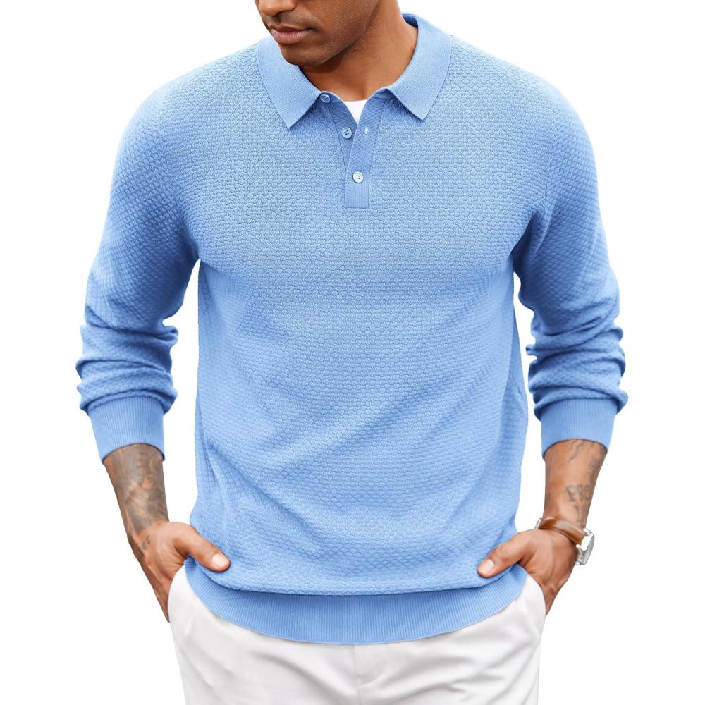 imageCOOFANDY Mens Knit Polo Sweater Long Sleeve Casual Collared Quarter Button Golf Waffle Textured SweaterLight Blue