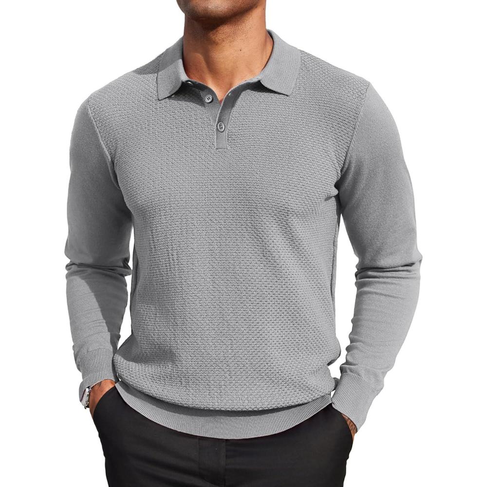imageCOOFANDY Mens Knit Polo Sweater Long Sleeve Casual Collared Quarter Button Golf Waffle Textured SweaterLight Grey