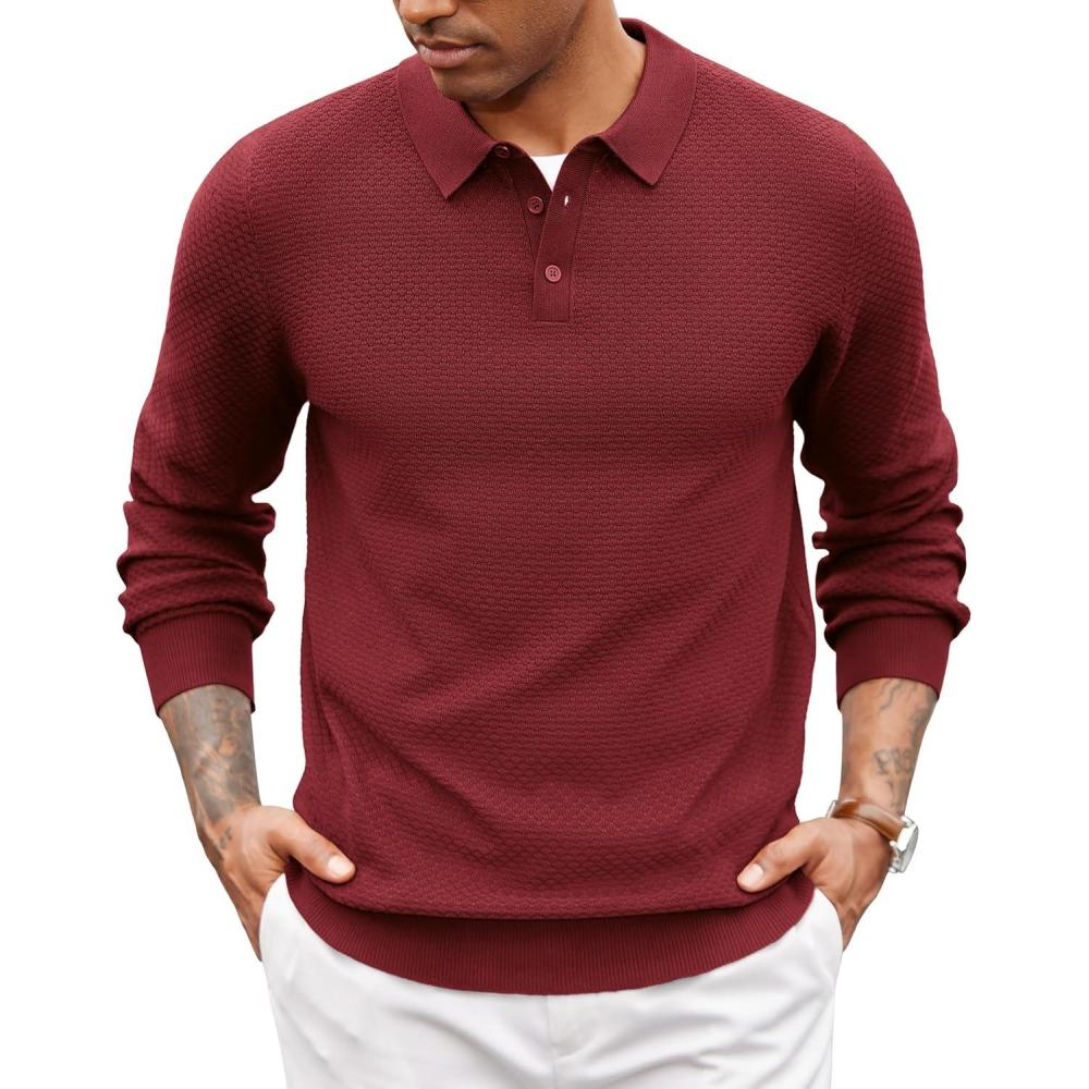 imageCOOFANDY Mens Knit Polo Sweater Long Sleeve Casual Collared Quarter Button Golf Waffle Textured SweaterWine Red