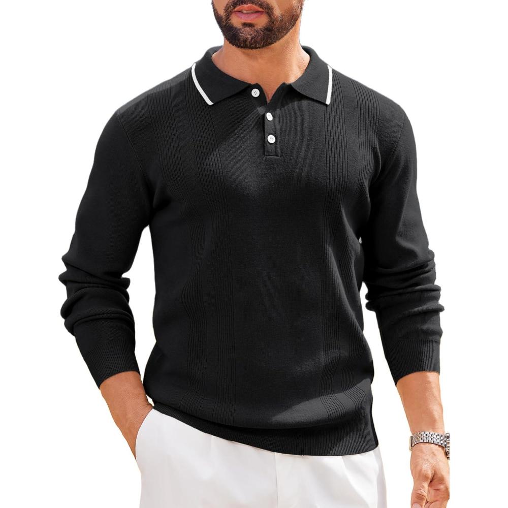 imageCOOFANDY Mens Knit Polo Sweaters Long Sleeve Vintage Polos Casual Dress Pullover Old Money TopsBlack