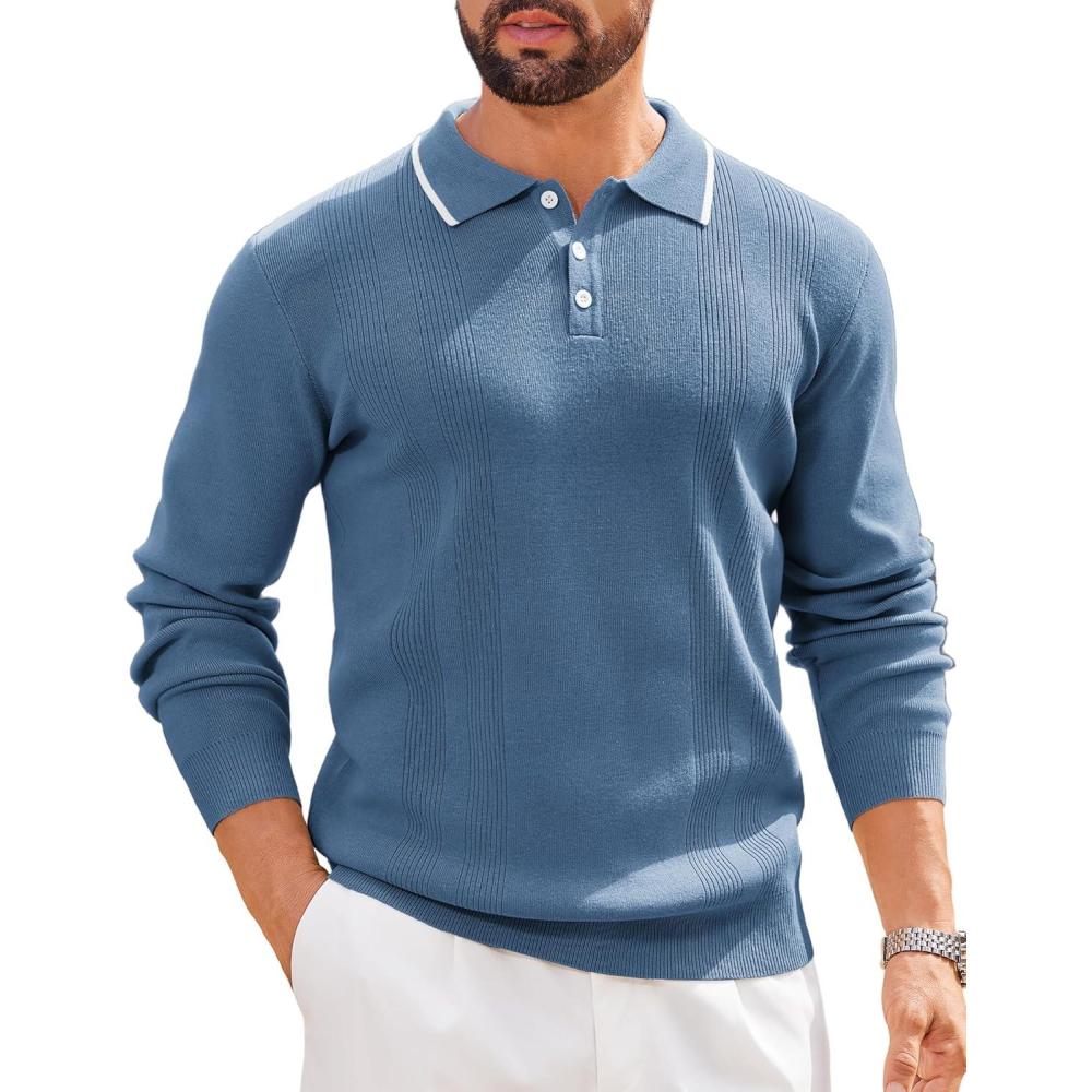 imageCOOFANDY Mens Knit Polo Sweaters Long Sleeve Vintage Polos Casual Dress Pullover Old Money TopsBlue