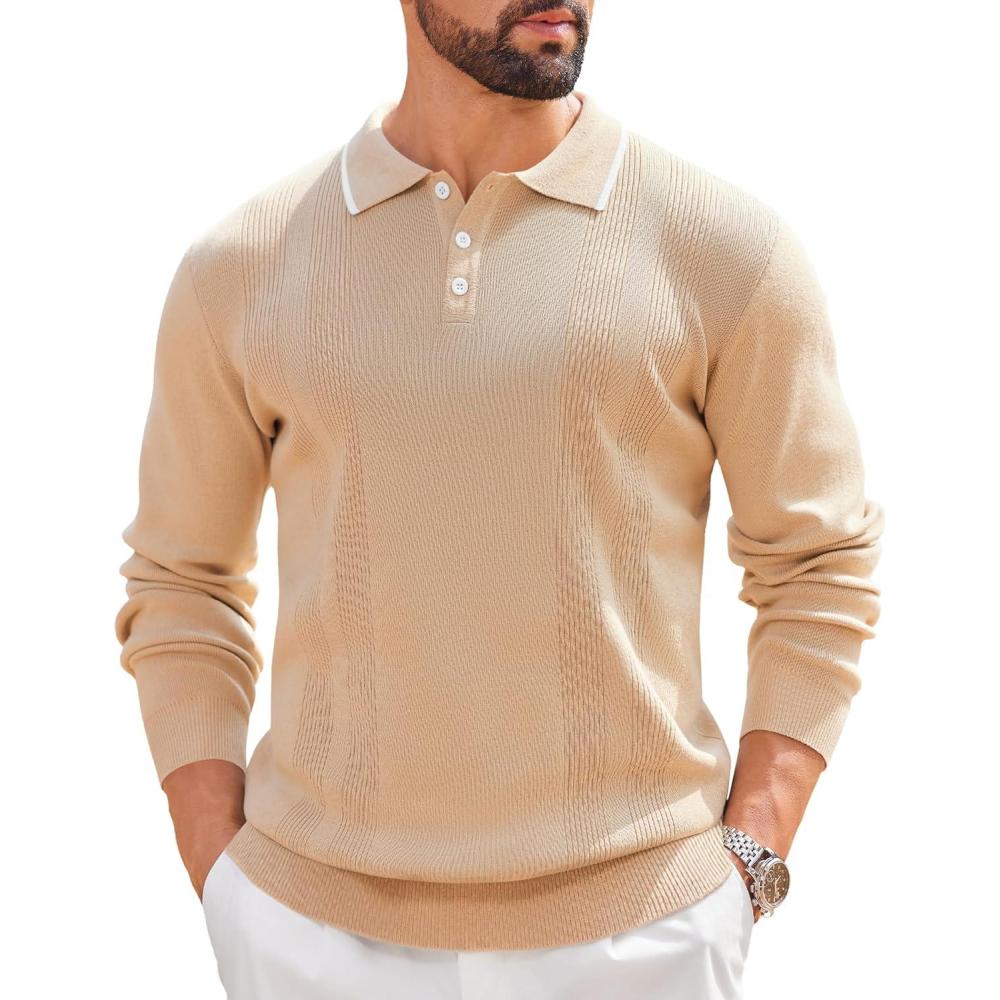 imageCOOFANDY Mens Knit Polo Sweaters Long Sleeve Vintage Polos Casual Dress Pullover Old Money TopsKhaki