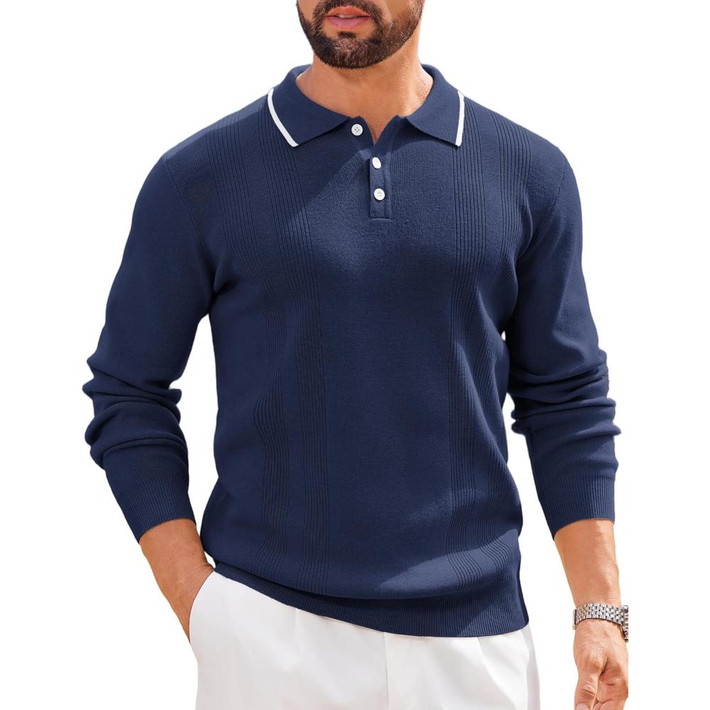 imageCOOFANDY Mens Knit Polo Sweaters Long Sleeve Vintage Polos Casual Dress Pullover Old Money TopsNavy Blue