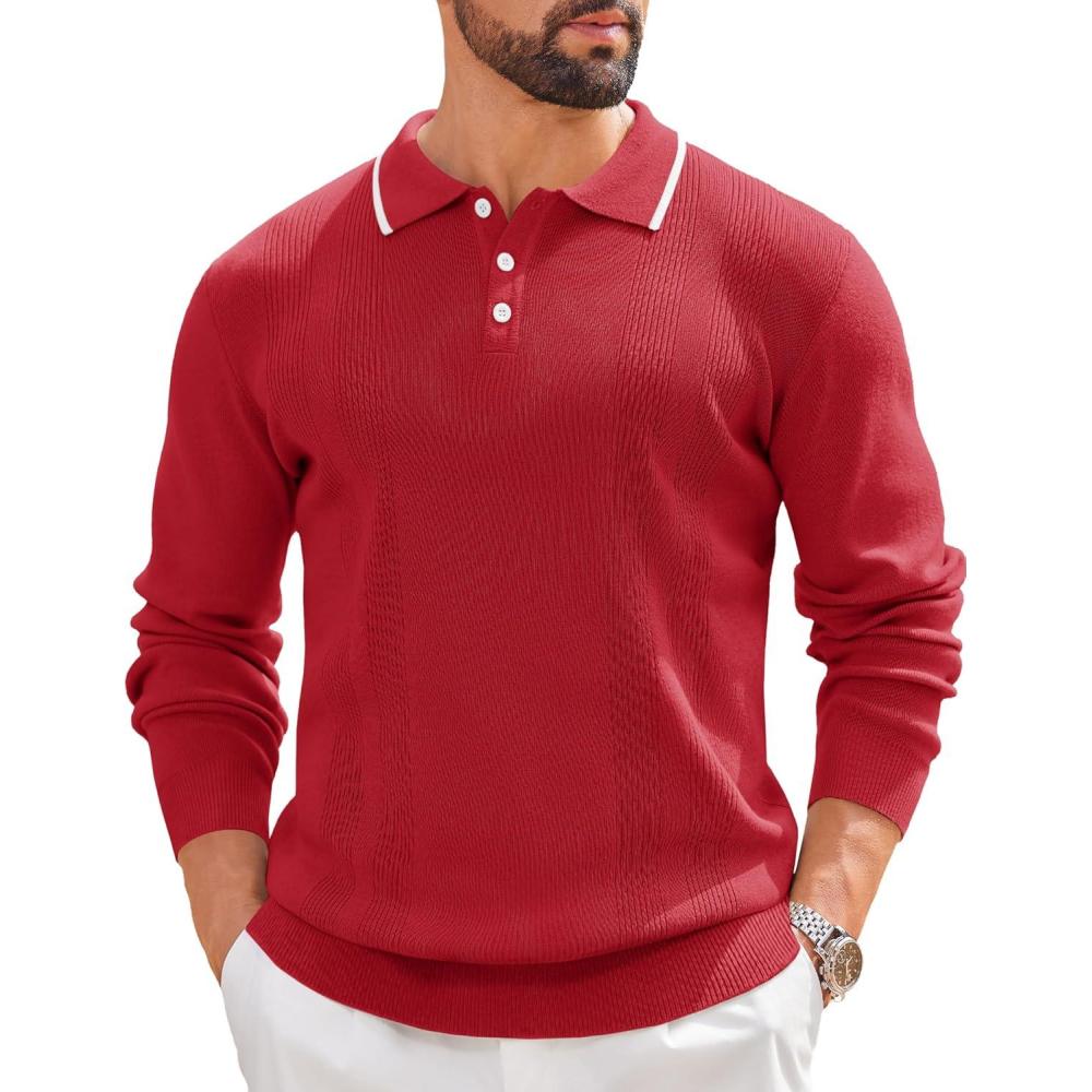 imageCOOFANDY Mens Knit Polo Sweaters Long Sleeve Vintage Polos Casual Dress Pullover Old Money TopsRed