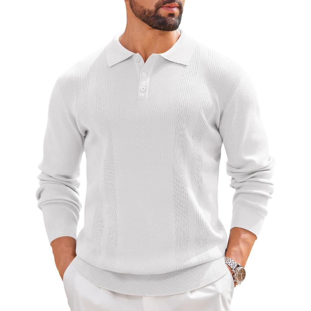 imageCOOFANDY Mens Knit Polo Sweaters Long Sleeve Vintage Polos Casual Dress Pullover Old Money TopsWhite