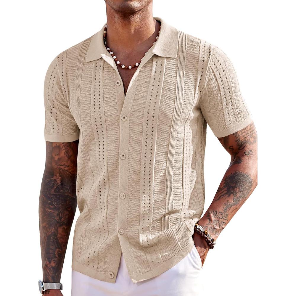 imageCOOFANDY Mens Knit Shirts Short Sleeve Button Down Polo Shirt Fashion Casual Summer Beach ShirtsApricot