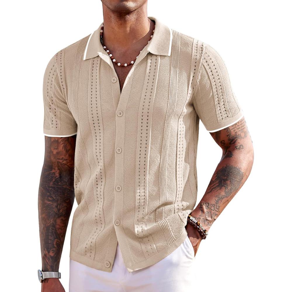 imageCOOFANDY Mens Knit Shirts Short Sleeve Button Down Polo Shirt Fashion Casual Summer Beach ShirtsClassic Apricot  White