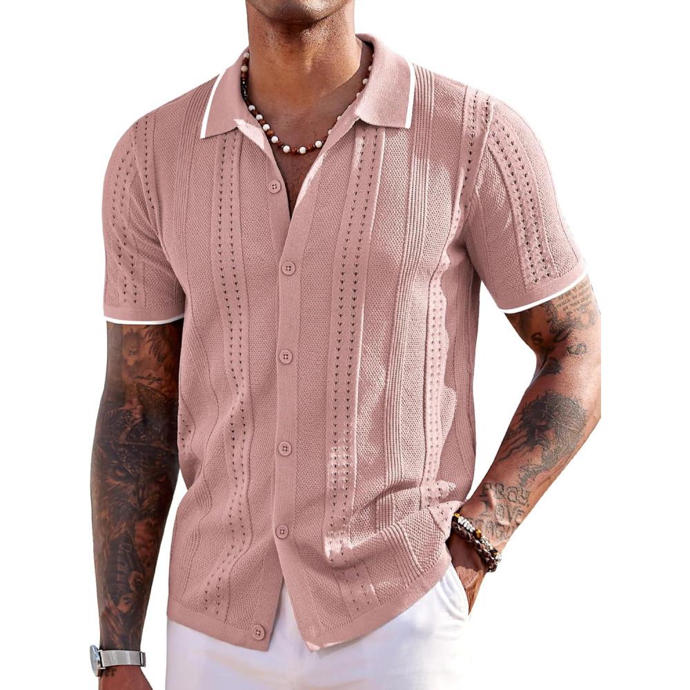 imageCOOFANDY Mens Knit Shirts Short Sleeve Button Down Polo Shirt Fashion Casual Summer Beach ShirtsClassic Dusty Pink  White