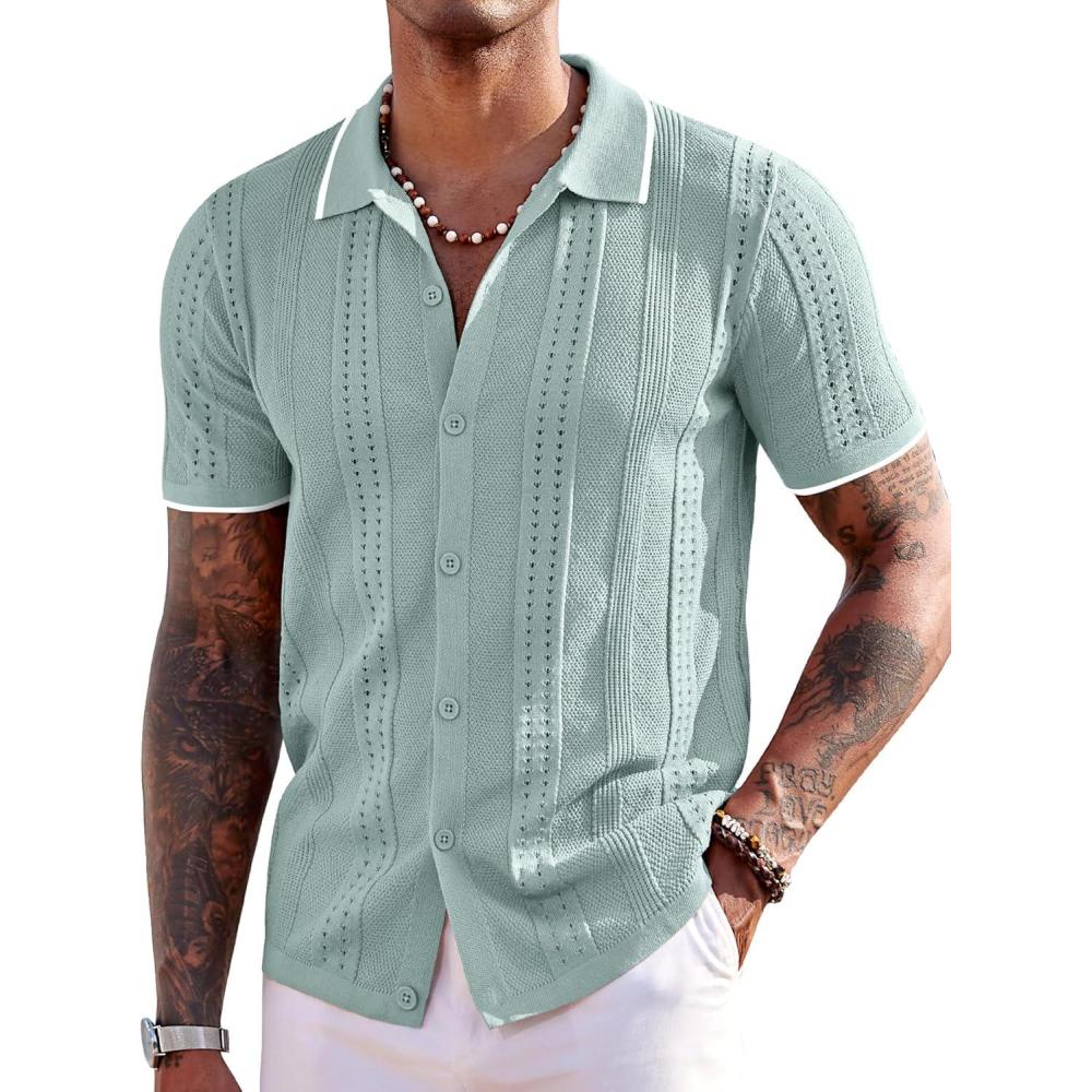 imageCOOFANDY Mens Knit Shirts Short Sleeve Button Down Polo Shirt Fashion Casual Summer Beach ShirtsClassic Ice Green  White