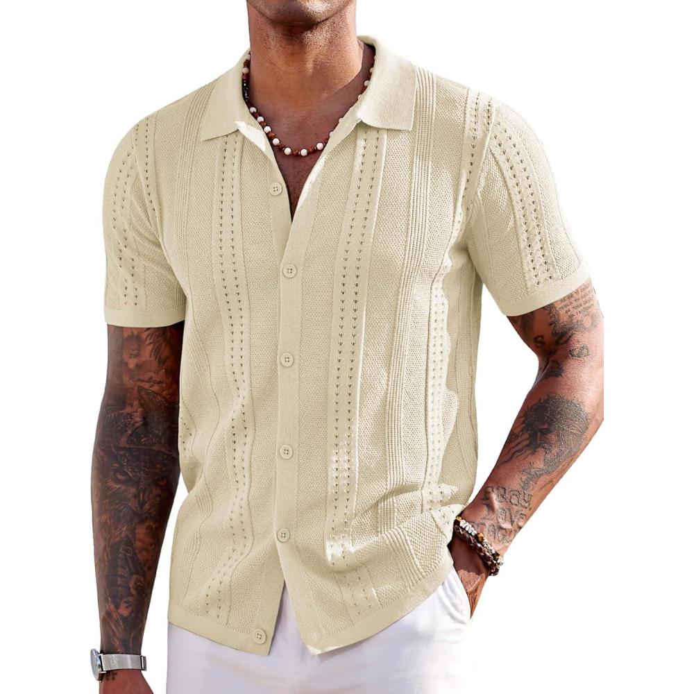 imageCOOFANDY Mens Knit Shirts Short Sleeve Button Down Polo Shirt Fashion Casual Summer Beach ShirtsCream