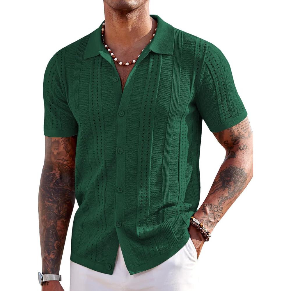 imageCOOFANDY Mens Knit Shirts Short Sleeve Button Down Polo Shirt Fashion Casual Summer Beach ShirtsGreen