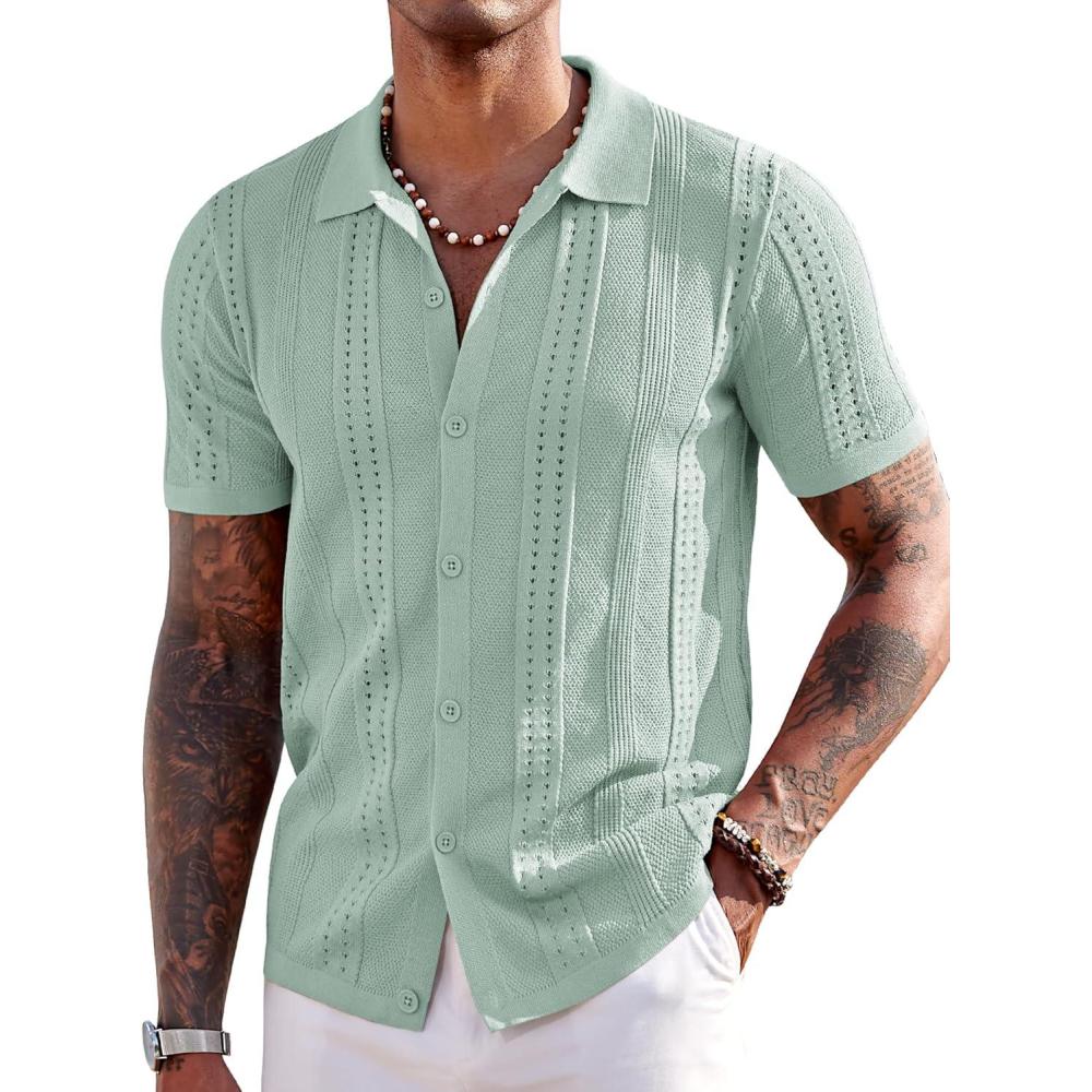 imageCOOFANDY Mens Knit Shirts Short Sleeve Button Down Polo Shirt Fashion Casual Summer Beach ShirtsIce Green